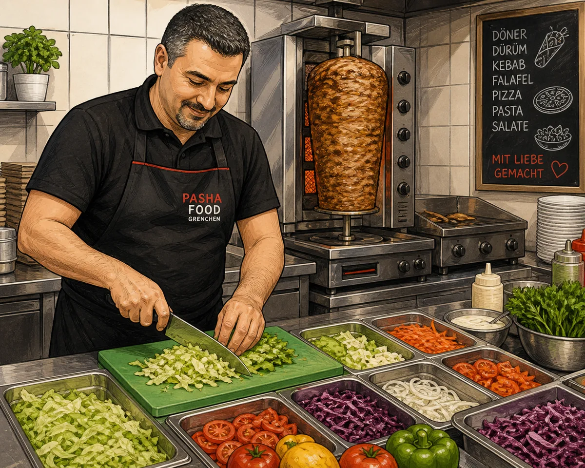 PashaFood Küche in Grenchen: frischer Salat, Döner-Spiess und tägliche Vorbereitung