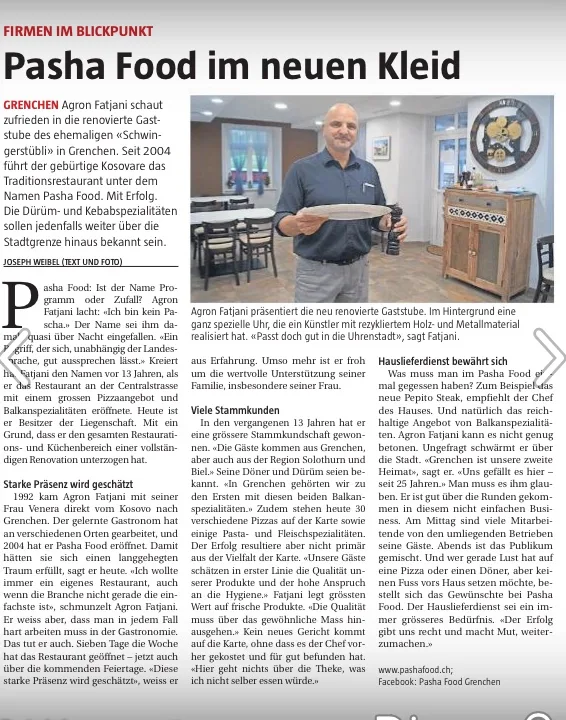 Zeitungsartikel über PashaFood Grenchen mit Agron Fatjani in der renovierten Gaststube