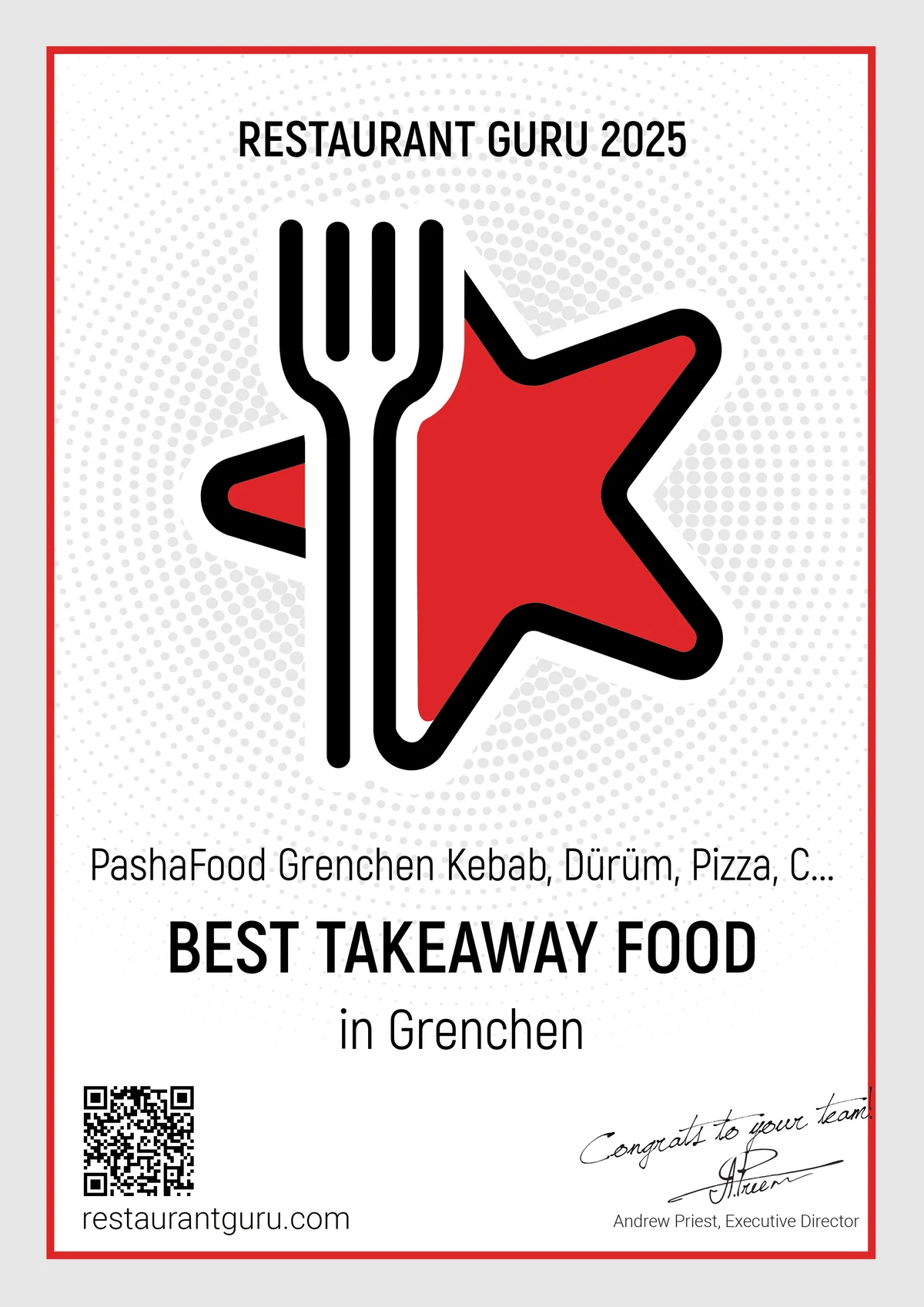 Restaurant Guru 2025 Zertifikat: Best Takeaway Food in Grenchen für PashaFood